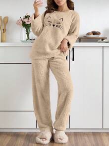 EURMUSE 2 piezas Conjunto de pijama con detalle de bordado de cara de gato lindo Pelush - Beis - Ver 5