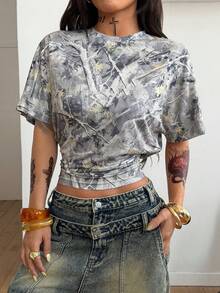 Coolane 女士冬季音乐会锐舞节外出狂欢文艺复兴集市俱乐部派对嬉皮音乐节灰色树枝图案修身T恤 - 灰色 - 查看 4