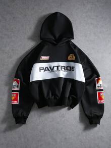 PAVTROS Manfinity Streetrush Herren Street-Style Beliebtes INS Matching. Herren Streetwear, Herren Mode Langarm Kreativ Bedruckter Lässiger Hoodie Sweatshirt Motorrad Hoodie Streetwear Hoodie Racing Hoodie Grafik Hoodie Kurzer Hoodie, Trainingsanzug, Thermofutter für Wärme und Komfort, Street Style, Freundesgeschenk - Schwarz - Übersicht 2