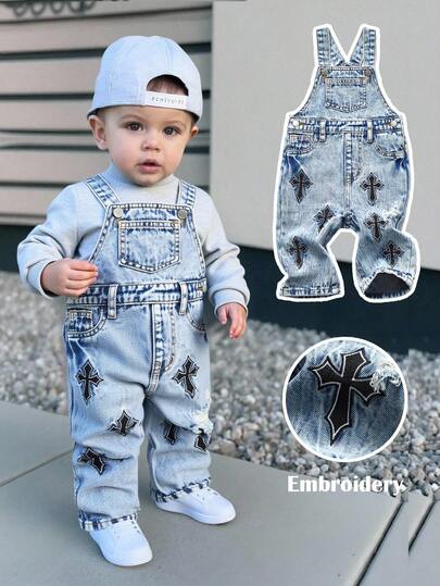 TaviRue 男童十字绣图案蓝色牛仔背带裤