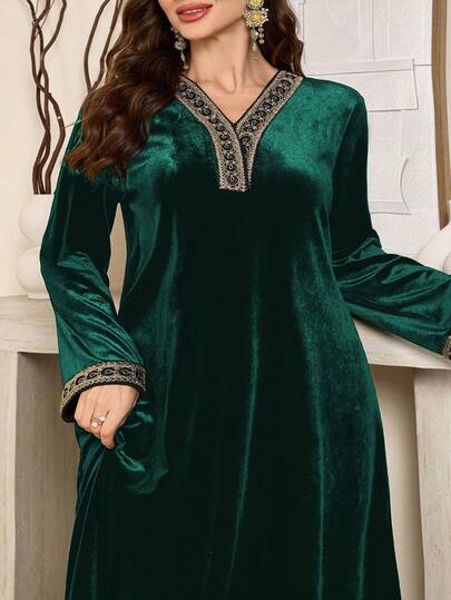 Al Najma Elegant Loose Long Sleeve Dress With Luxurious Ribbon Trim On V-Neck, Velvet Fabric In Olive Green