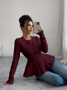 Elenzga Suéter elegante de mujer de cuello redondo ajustado, corte evasé, manga larga, unicolor, otoño - Burdeos - Ver 4