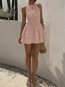 Sunnyshic 蓝色格子无袖紧身迷你连衣裙，甜美法式度假风，春夏季 - 藕粉色 - 查看 5