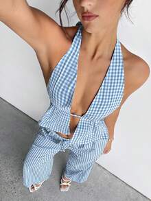 Aloruh Bộ 2 món áo ba lỗ kẻ caro xanh kẻ caro thắt nơ + quần dài maxi kẻ caro cạp thấp phong cách trẻ trung, năng động dành cho nữ - Màu xanh nhạt - Xem 9