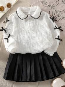 Genkimix Kids Young Girl Casual Daily Outfit With Bow Decor, Jacquard Fabric Peter Pan Collar Pullover And Pleated Skirt Set, Suitable For Spring And Autumn - Multicolor - View 1