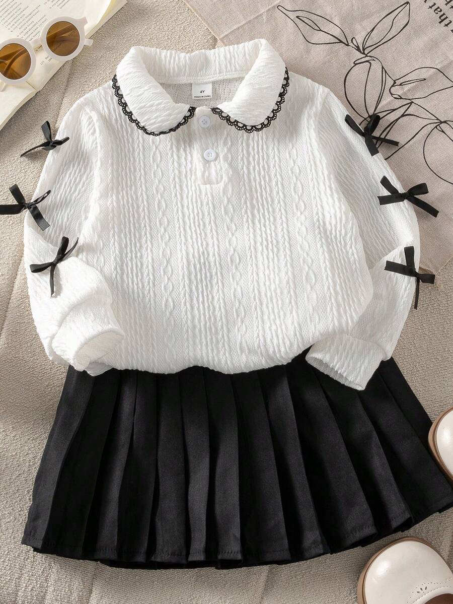 Genkimix Kids Young Girl Casual Daily Outfit With Bow Decor, Jacquard Fabric Peter Pan Collar Pullover And Pleated Skirt Set, Suitable For Spring And Autumn - Multicolor - View 1