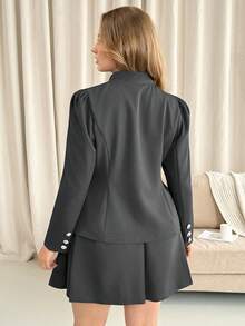 Vionelle 大码女士优雅系带水钻装饰西装外套和百褶A字裙两件套，裙装套装，女士西装裙套装，女士套装，女士职业装套装，衬衫裙套装 - 灰色 - 查看 2