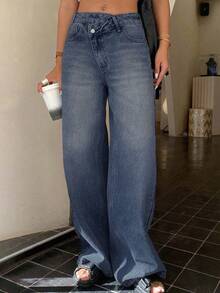 Dazy Tall Damen Lange Gerade Bein Lässige Jeans Hose mit schräger Knopfleiste - Blau - Übersicht 5