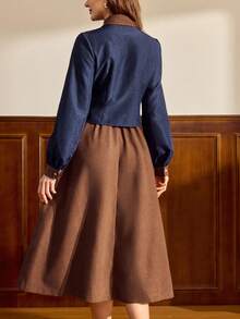 Vintamour Vintage Elegant Women 2 Pieces Set Brown And Blue,Autumn,Elegant,Tea Party Casual Pockets Contrast Color Button Shirt Jacket & Skirt Suit Christmas - Multicolor - View 6