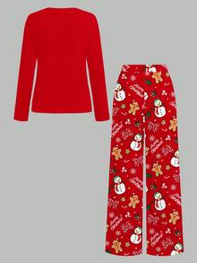 SHEIN Leap Crew 2pcs/Set Teen Girls Christmas Cartoon Santa Claus, Gingerbread Man, Snowman, Christmas Tree, Bell, Candy Cane, Snowflake Pattern Round Neck Long Sleeve T-Shirt And Loose Pants Pajama Set, Suitable For Holiday Season - Multicolor - View 3