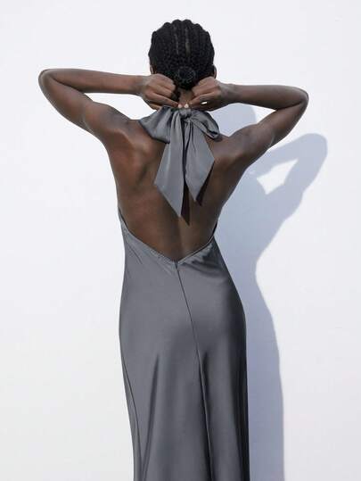 Maija Women's Sleeveless Solid Color Fitted Satin Long Dress, Suitable For Urban Commute, Business, Casual Wear, Thanksgiving, Christmas, New Year Party, Wedding Guest Dress, Elegant