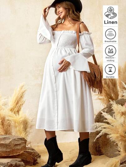 Boho Mama BOHO Maternity Solid Color Off Shoulder Casual Long Sleeve Dress Off Shoulder White Dress Boho White Dress Midi White Dress Milkmaid Dress White Western Dress
