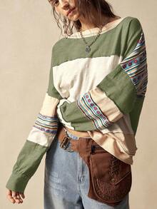 Bohemela Casual Knit Patchwork Round Neck Long Sleeve Loose Blouse For Women - Multicolor - View 3