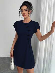 SHEIN Unity Retro Chinese Style Button Decor Cap Sleeve Short Dress - Navy Blue - View 4