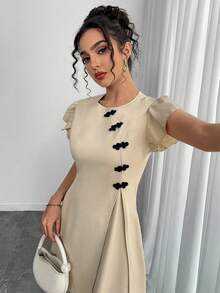 Chiquease 复古中国风纽扣装饰短袖连衣裙 - 杏色 - 查看 5