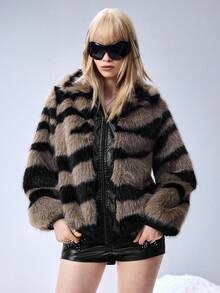 ROMWE Grunge Punk Y2K复古性感斑马纹人造毛皮外套，女士毛绒夹克 - 彩色 - 查看 5