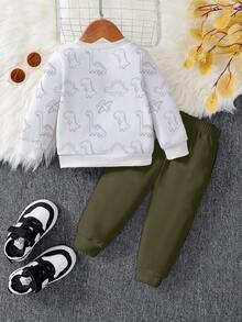 SHEIN Playful Pals 2pcs/Set Baby Boy Casual Fashionable Dinosaur All-Over Print Sweatshirt And Sweatpants Set, Comfortable Round Neck Long Sleeve, Suitable For Autumn/Winter/Spring - Multicolor - View 2