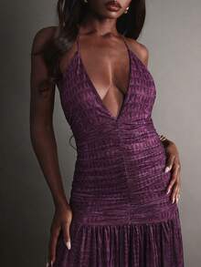 Hauture Sexy Party Night Out Animal Print Deep Plunge Ruched Halter Open Back Maxi Dress - Purple - View 2