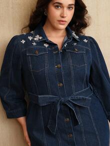 Anewsta Plus Size Women's Elegant, Formal, Party, Chic, Work, Graduation, Wedding, Red Handcrafted Rhinestone Embellished Cinched Waist Casual Denim Dress - Blue - View 1