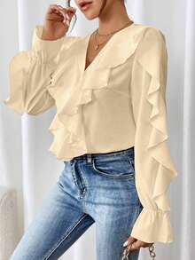 SHEIN Clasi Camisa de manga larga con botones, cuello y puños con volantes de unicolor - Amarillo claro - Ver 6