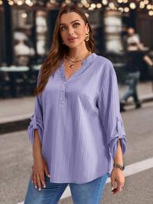 EMERY ROSE Plus Size Solid Color Notched Neck Roll Up Sleeve Casual Blouse ,Winter Clothes V Neck Blouses For Women Purple Blouse Women - Mauve Purple - View 3