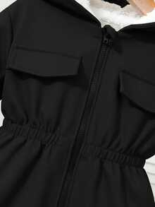 معطف أنيق من الفليس ذو قلنسوة من الكوردروي الأسود للبنات الصغيرات، للخريف والشتاء - الأسود - مشاهدة 4