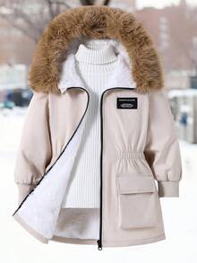 女童休闲日常通勤拉链拼接仿毛皮连帽保暖羽绒服，秋冬季 - 卡其色 - 查看 6