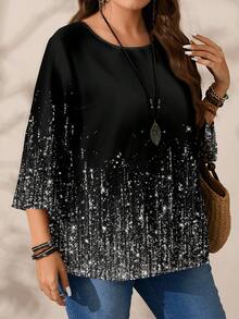 EMERY ROSE Blouse ample pour femmes grande taille, style romantique décontracté avec imprimé de motif de Noël argenté scintillant, col rond, manches 3/4 amples, noire, convient pour les sorties