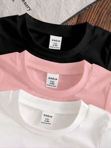 SHEIN 3件套女婴休闲可爱简约爱心图案短袖针织圆领T恤上衣，基础款T恤，适合春夏穿着，6个月-3岁 - 彩色 - 查看 4