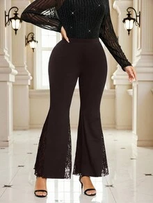 SHEIN Clasi Quần ống loe bó sát phối ren co giãn cỡ lớn màu đen - màu nâu - Xem 4