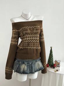 Elamini 1pc Women's Burgundy Christmas Sweater, Minimalist Off Shoulder Ribbed Deer & Snowflake Pattern Knit Casual Pullover, Autumn/Winter - Brown - View 5
