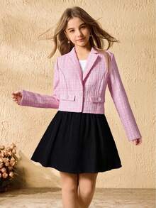 少女优雅时尚长袖短款仿口袋仿珍珠纽扣粗花呢西装外套，搭配修身圆领长袖白色基础款T恤和高腰百褶迷你裙，三件套冬季套装 - 粉色 - 查看 1