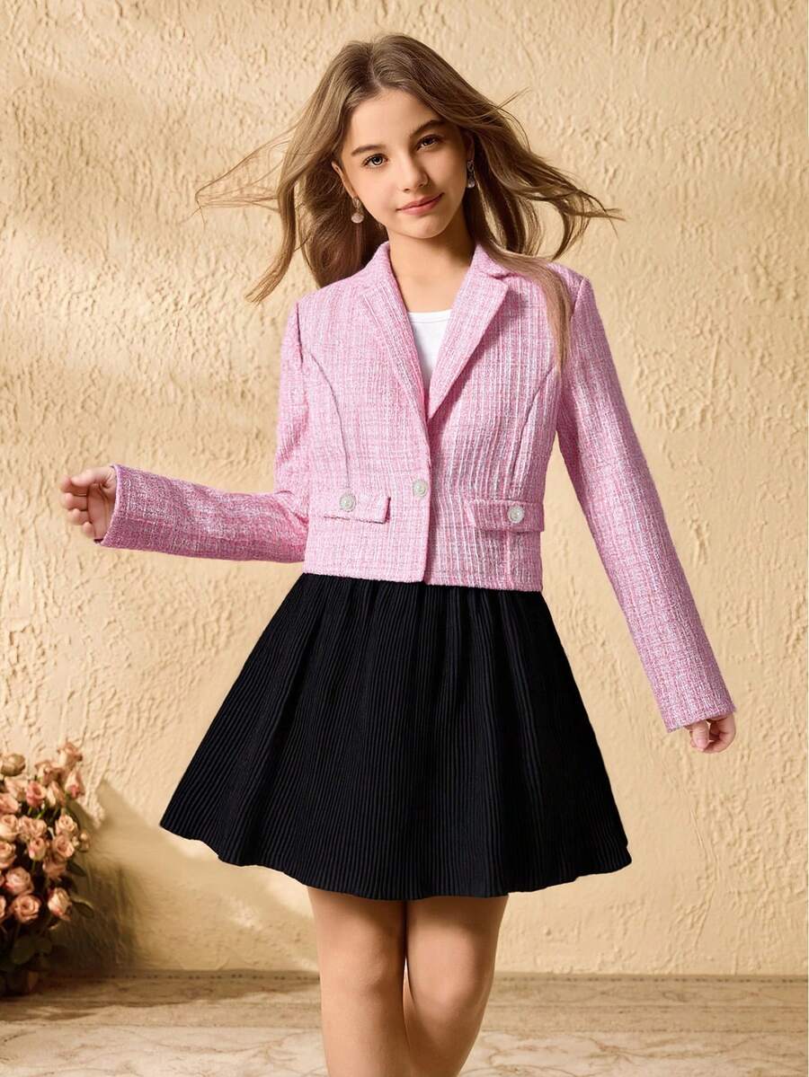 少女优雅时尚长袖短款仿口袋仿珍珠纽扣粗花呢西装外套，搭配修身圆领长袖白色基础款T恤和高腰百褶迷你裙，三件套冬季套装 - 粉色 - 查看 1