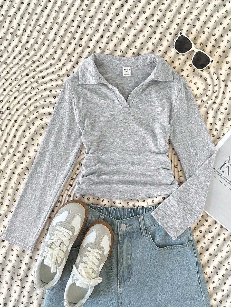 SHEIN 少女针织长袖T恤，时尚百搭休闲基础款 - 淺灰色 - 查看 1