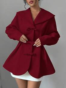 Elenzga Áo khoác ngoài tay dài xếp ly trang trí nơ màu trơn thanh lịch cho nữ, mùa thu/đông - Gỗ đỏ - Xem 3