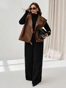 Auralis Plus Size Women's Autumn And Winter Fashion Casual Loose Comfortable Daily Basic Versatile Brown PU Leather Vest Jacket,Fall Coats,Casual Women Outfits,Fall Outfits Women,Western Wear Women,Back To School,Y2k Clothes,Street Wear,Winter Jacket For Women