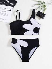 SHEIN 1pc Girls' Floral Accent Black & White Contrast Tankini Swimsuit Swimsuits For 14 Year Old Black Two Piece Black Bathing Suits For Girls Two Piece Girls Tween High Waisted Swimsuit Teen Girl Swimsuit 2 Piece Black Tween Swimsuit - Black - View 5