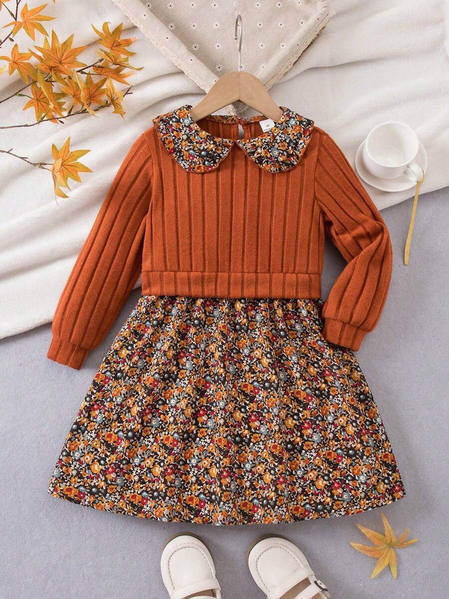 SHEIN Elladie kids 复古碎花拼接印花荷叶边领长袖可爱连衣裙，适合女孩参加派对 - 棕色 - 查看 1