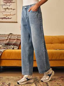 Open Phase 1 Stück locker sitzende, gewaschene Jeans Lässig Loose Hose, koreanischer Stil für Herren Frühling bis Sommer - Blau - Übersicht 4