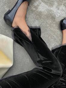 FRIFUL Women's Solid Velvet Straight Leg Pants With Slit Hem, Sheer Lace Panel, Slim Fit, Versatile, Autumn/Winter - Black - View 1