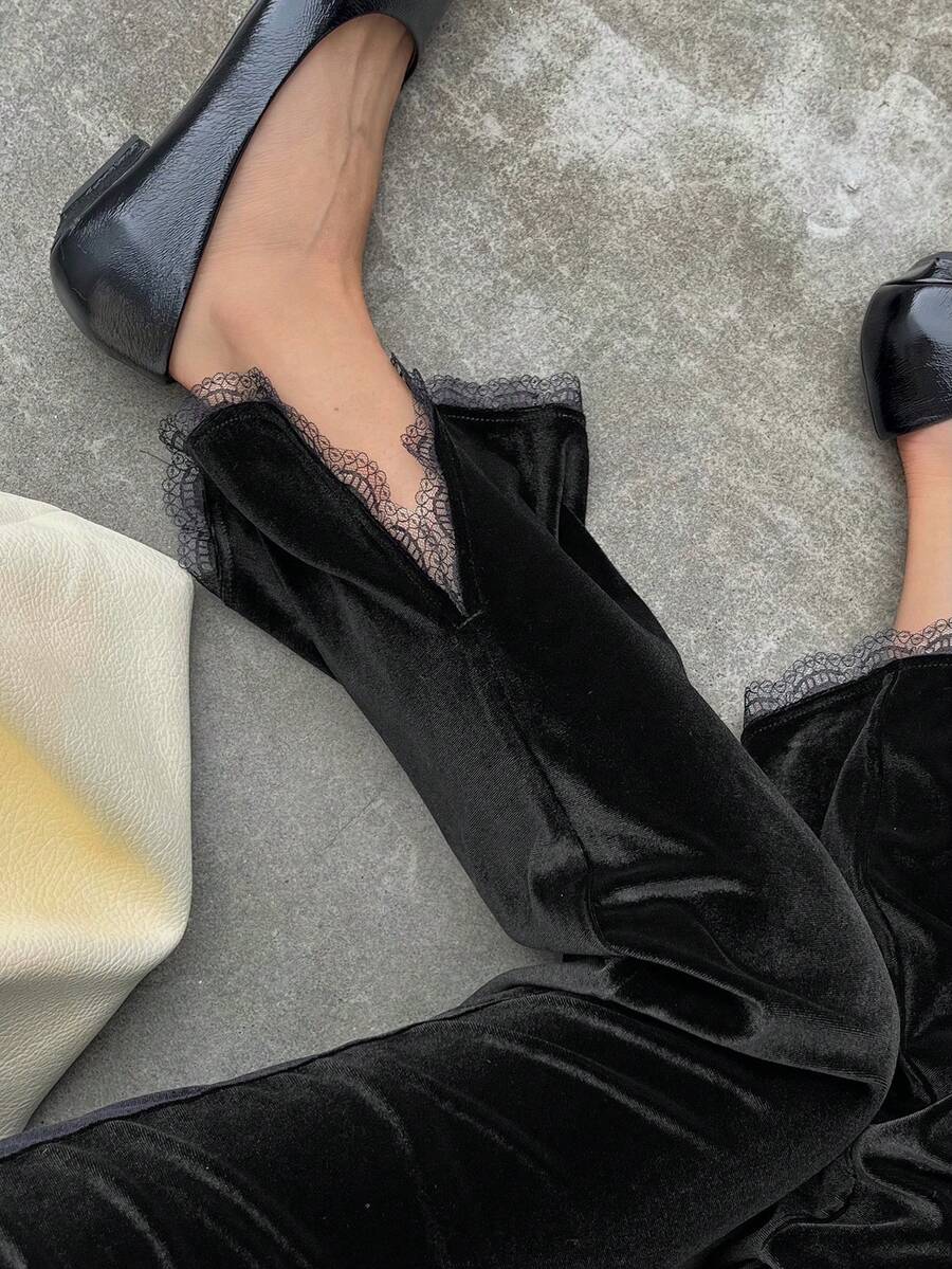 FRIFUL Women's Solid Velvet Straight Leg Pants With Slit Hem, Sheer Lace Panel, Slim Fit, Versatile, Autumn/Winter - Black - View 1