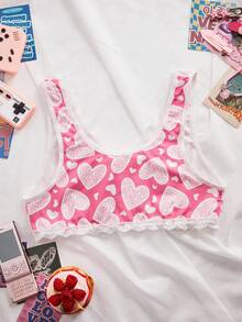 Women's Lace Patchwork Heart Print Comfortable Lingerie - Pink - View 8