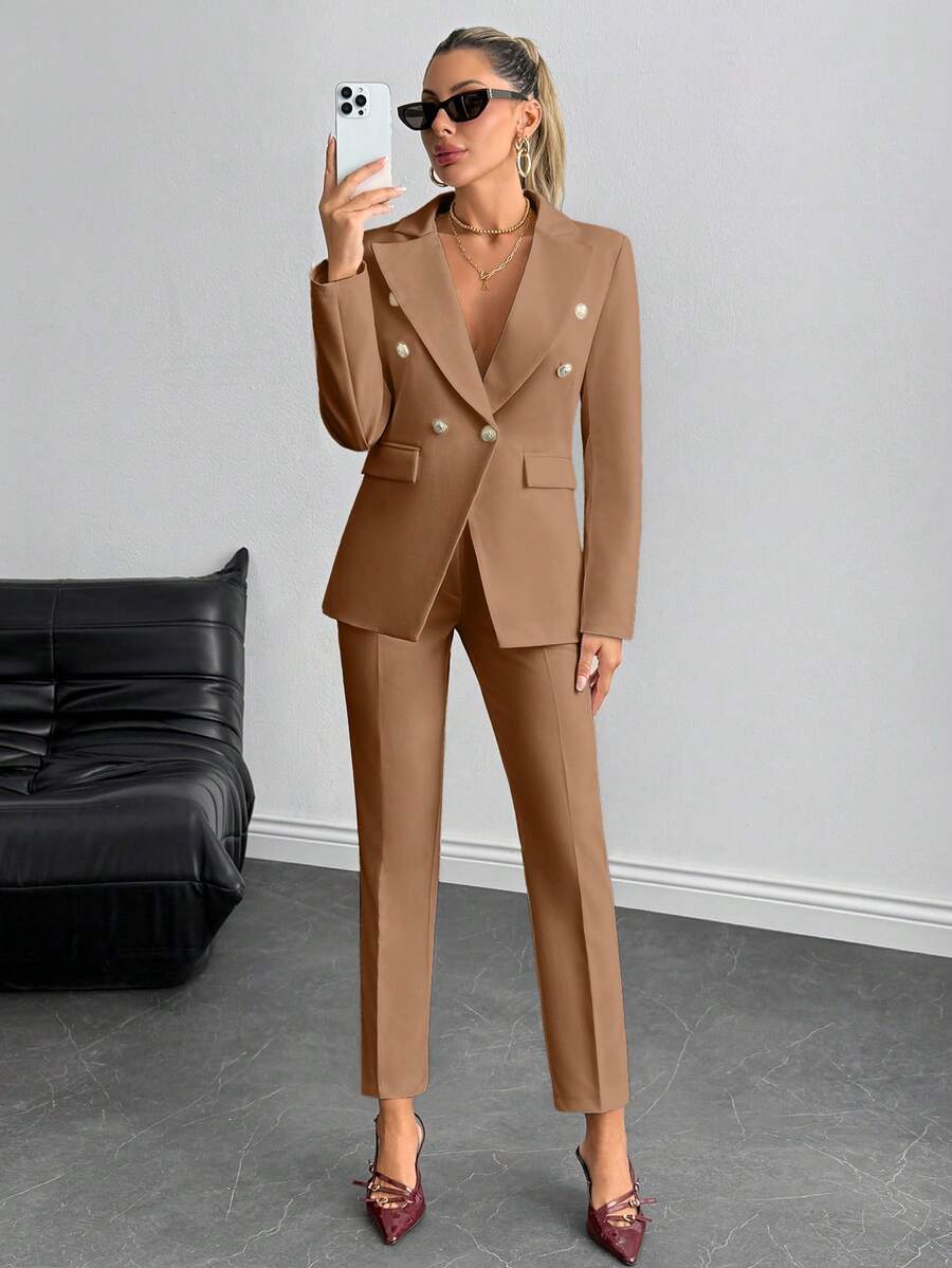 SHEIN Cottnline Women Simple Business Solid Color Lapel Neck Double Breasted Blazer And Pants - Beige - View 1