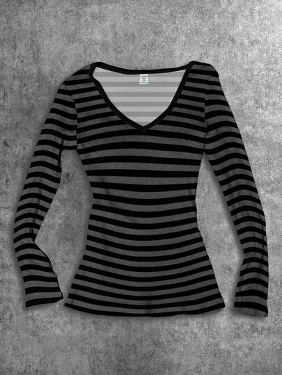 SHEIN Tween Girls Black & Gray Striped V-Neck Long Sleeve T-Shirt, Suitable For Halloween, Goth, Punk, Y2K Style, Streetwear, Vintage, Back To School, Retro, Fall, Casual Outfits, Autumn & Winter, Hip-Hop, Aesthetic Style Tight Tops For Teens Black And White Tops For Teen Girls Not Cropped Tight Fitted Tops Long Sleeve Tops For Teens Tight Shirts For Girls