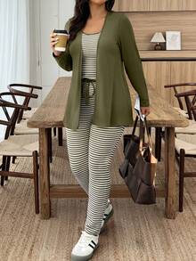 EMERY ROSE Plus Size Solid Color Jacket And Striped Tank Top With Pants 2 Pieces Set - Army Green - View 1