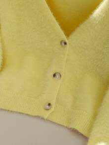 SHEIN Tween Girl Autumn/Winter Knitted Cardigan Sweater. Unique Design, Fluffy Texture, Showcasing Girls' Distinctive Fashion Taste. The White Tone Highlights Natural And Fresh Qualities, Can Be Paired With Various Clothing Including T-Shirts, Camisoles, Sundresses, Tulle Skirts, And Dresses. Comfortable Knitted Fabric. Front-Open Design For Easy Wear, Adding Convenience And Stylishness. Soft Girl Clothes Yellow Sweater Girls Yellow Sweater Summer Clothes For Teens Sweater Yellow Cardigan - Yellow - View 6