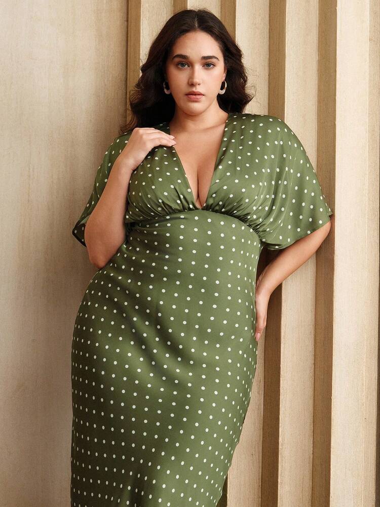 Elegantes französisches Stil Kleid mit Polka Punkten, Drop-Shoulder Schultern, Raffungen, V Ausschnitt, hoher Taille, figurbetont, bequem in Große Größen, geeignet für Hochzeitsgäste, Herbst, Frühling, Ausgehen, elegant, festlich, Party, schick, Neujahr, Weihnachten, Abschluss