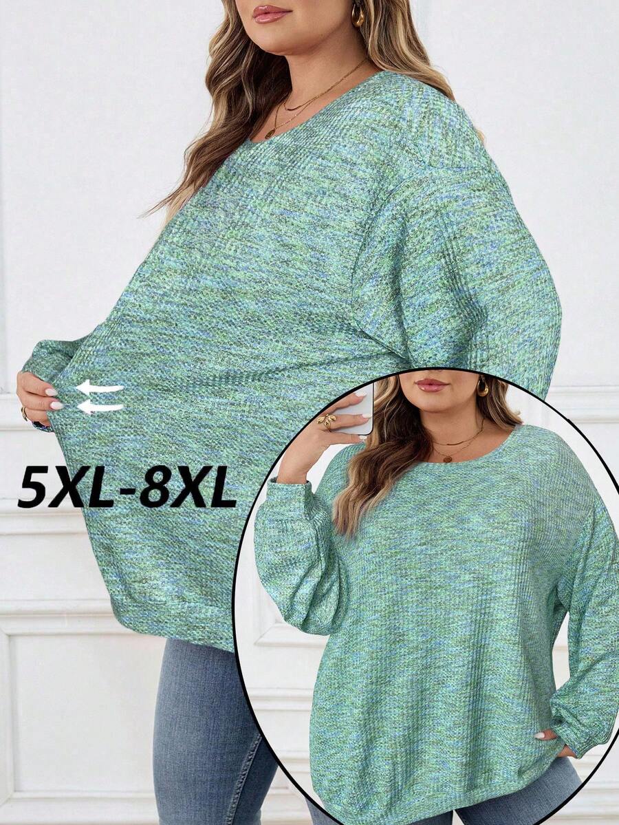 SHEIN CURVE+ 大码女式彩色华夫格针织套头卫衣，秋冬季 - 綠色 - 查看 1