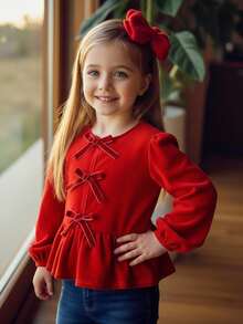 SHEIN Emery Rose Kids 少女蝴蝶结灯笼袖衬衫，适合万圣节、节日穿着，秋季长袖T恤，适合秋冬季日常休闲、运动、上学和聚会，生日女孩返校日母女装红色娃娃上衣红色衬衫秋冬季小女孩红色上衣红色红色蝴蝶结红色衬衫 - 紅色 - 查看 6