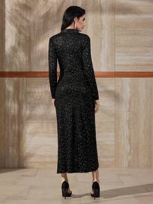 Modelyn Vestido elegante de mujer con cuello en V, manga larga, estampado brillante y plisado ajustado - Negro - Ver 6